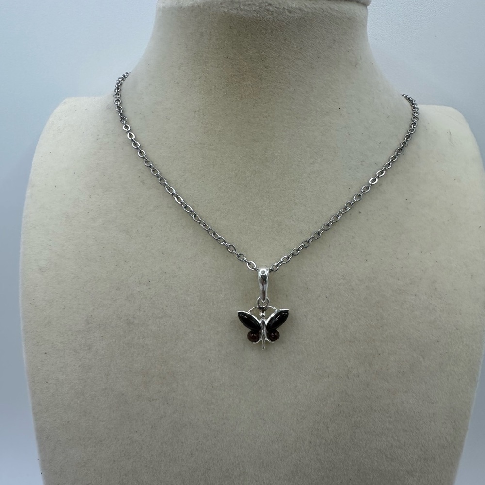 Elegant & Simple Cherry Amber Silver Butterfly Pendant on Stainless Steel Chain - Picture 5 of 9